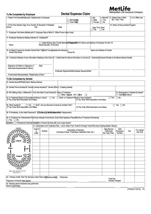 Fillable Form Jy0333 - Dental Expense Claim - Metlife Form Printable pdf