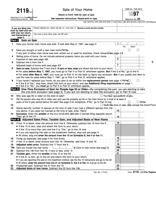 Form 2119 - Sale Of Your Home - 1997 Printable pdf