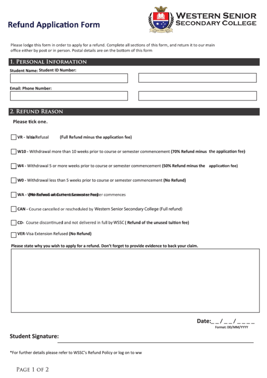 Refund Application Form Printable pdf