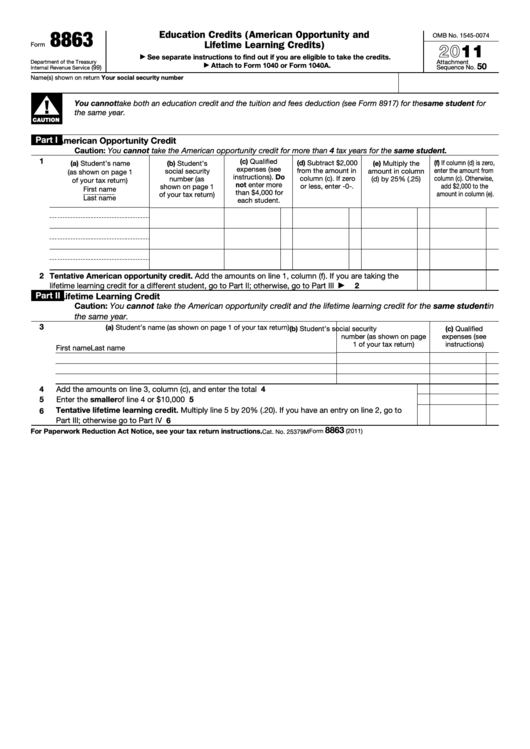 Fillable Form 8863 - Education Credits (American Opportunity And Lifetime Learning Credits) - 2011 Printable pdf