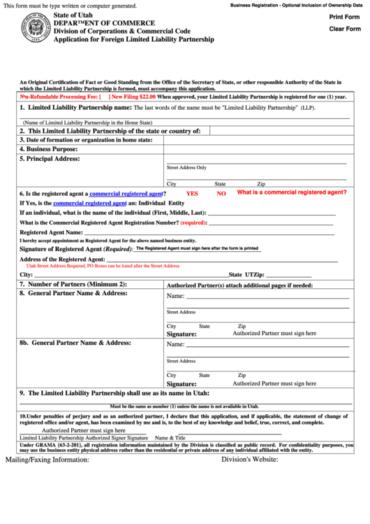 Fillable Application For Foreign Limited Liability Partnership Printable pdf