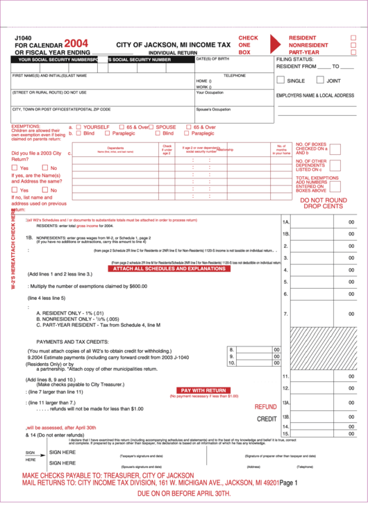 Form J1040 - Income Tax Individual Return - City Of Jackson - 2004 Printable pdf