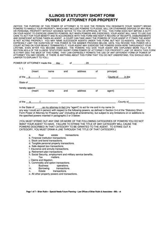 Illinois Statutory Short Form Power Of Attorney For Property Printable pdf