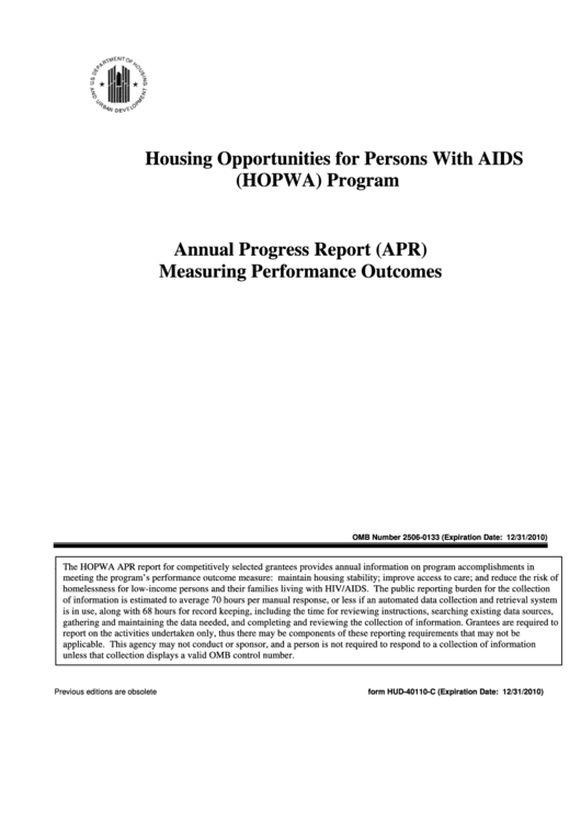 Form Hud-40110-C - Annual Progress Report (Apr) - Housing Opportunities For Persons With Aids (Hopwa) Program Printable pdf