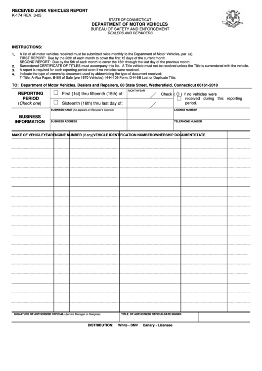 Form K-174 - Received Junk Vehicles Report