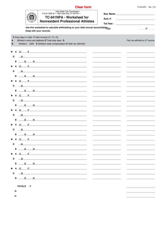 Fillable Form Tc-941npa - Worksheet For Nonresident Professional Athletes Printable pdf