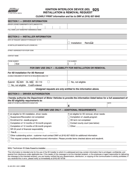Form Dl 925 - Ignition Interlock Device (Iid) Installation And Removal Request Printable pdf