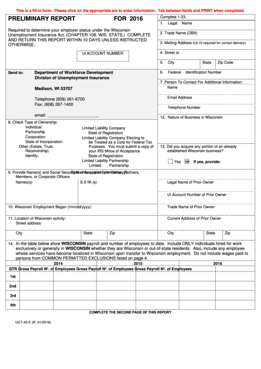 Fillable Form Uct-43-E - Preliminary Report - 2016 Printable pdf