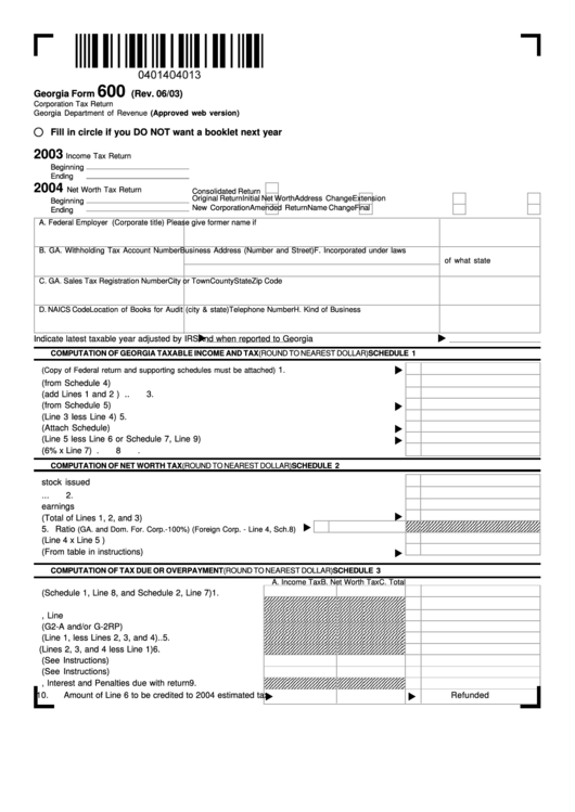 Form 600 - Corporation Tax Return - Georgia Department Of Revenue - 2003 Printable pdf
