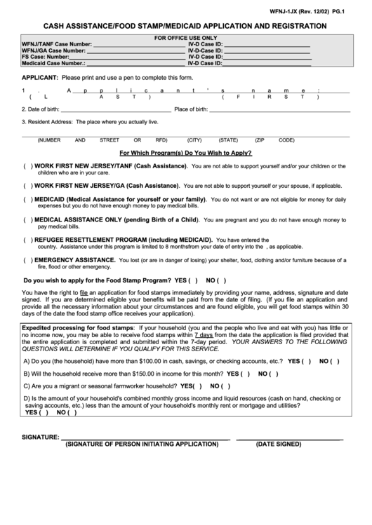 Form Wfnj-1jx - Cash Assistance/food Stamp/medicaid Application And Registration Printable pdf