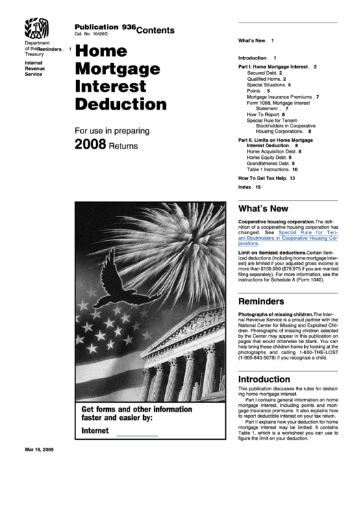 Publication 936 - Home Mortgage Interest Deduction - Department Of Treasury - 2008 Printable pdf