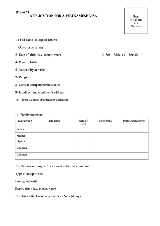 Form N1 - Application For A Vietnamese Visa Printable pdf