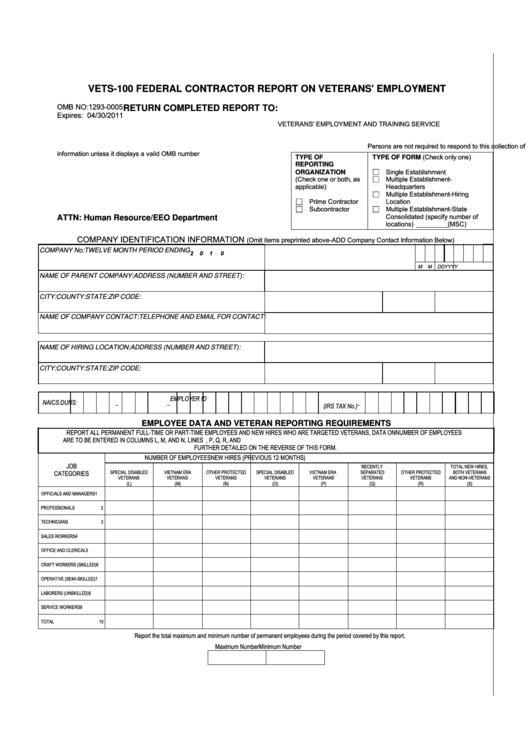 Fillable Form Vets-100 - Federal Contractor Report On Veterans