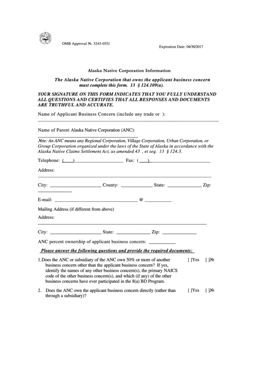 Fillable Sba Form 1010-Anc - Alaska Native Corporation Information Printable pdf
