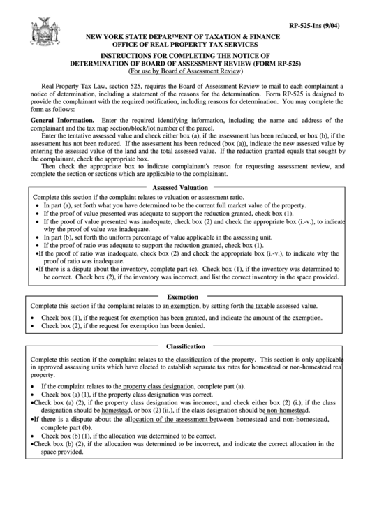 Instructions For Completing The Notice Of Determination Of Board Of Assessment Review (Form Rp-525) Printable pdf