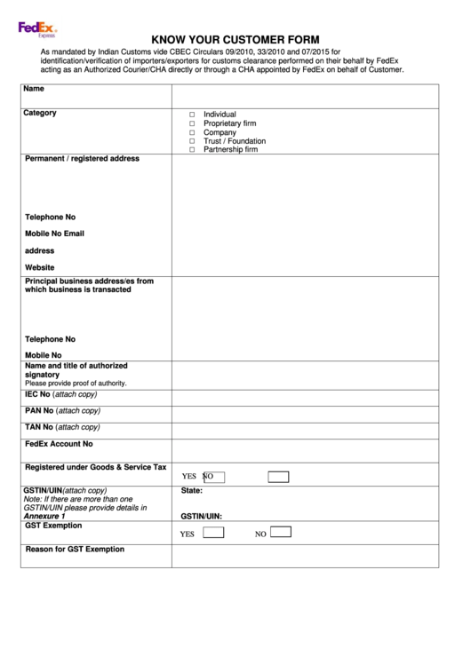 Know Your Customer Form - Fedex Express Printable pdf