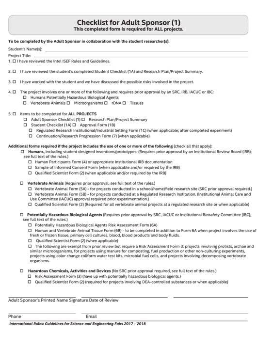 Fillable Checklist For Adult Sponsor (1) Printable pdf