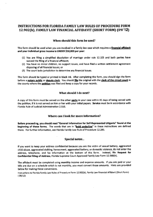 Form 12.902(B) - Family Law Financial Affidavit (Short Form) Printable pdf