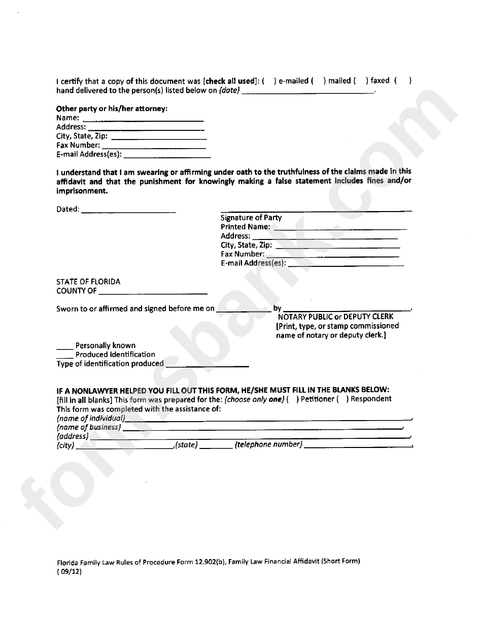 Form 12.902(B) - Family Law Financial Affidavit (Short Form)