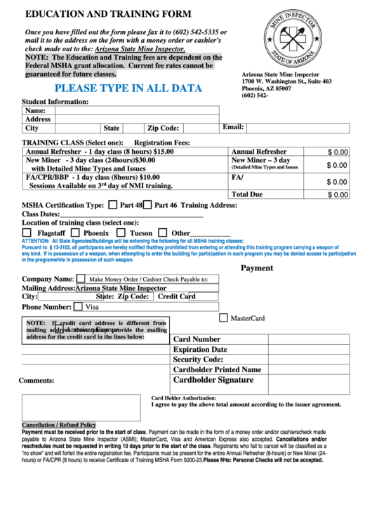 Fillable Education And Training Form - Arizona State Mine Inspector Printable pdf