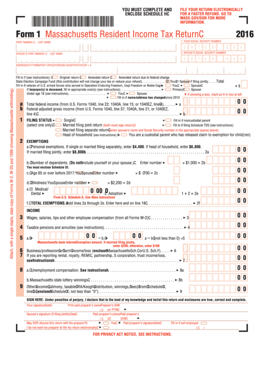 Form 1 Massachusetts Resident Tax Return 2016 printable pdf