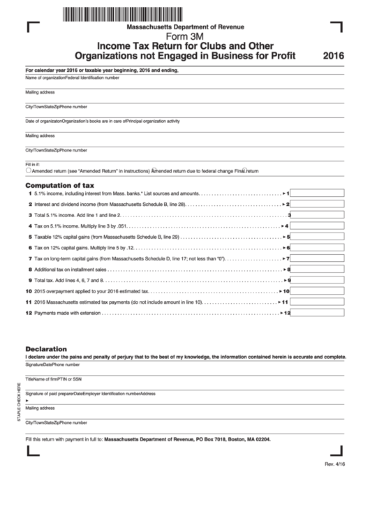 Form 3m - Income Tax Return For Clubs And Other Organizations Not Engaged In Business For Profit - 2016 Printable pdf
