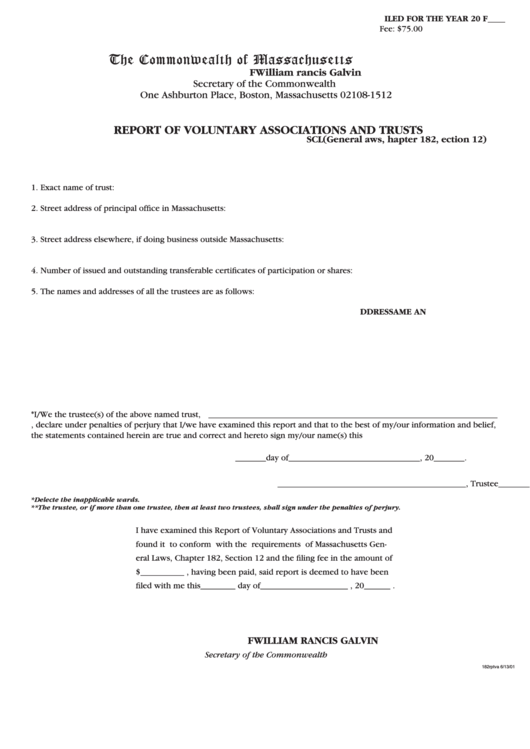 Fillable Report Of Voluntary Associations And Trusts - The Commonwealth Of Massachusetts Printable pdf