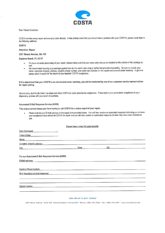 Repair Submission Form - Costa Printable pdf