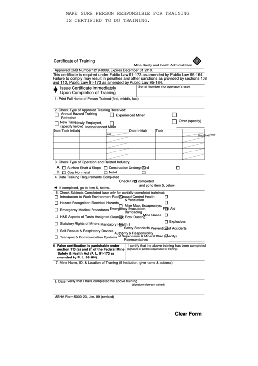 Fillable Msha Form 5000-23 - Certificate Of Training Printable pdf