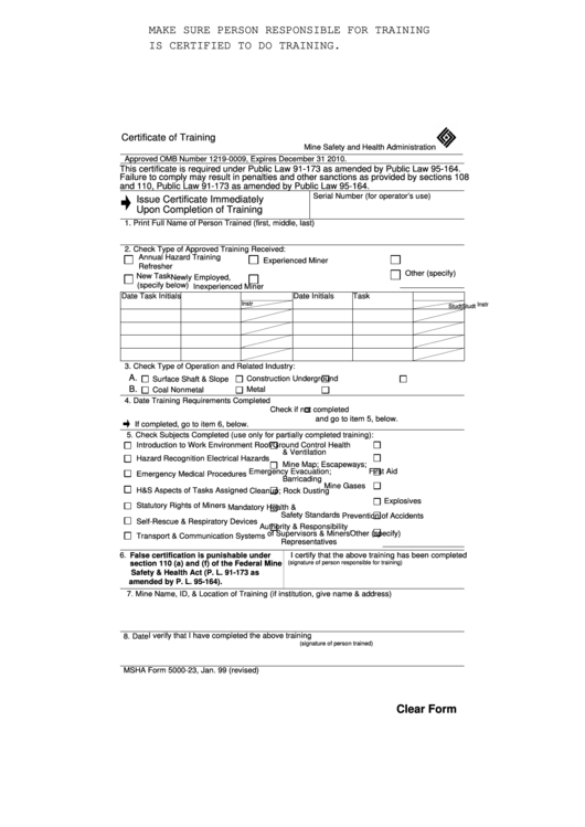 Fillable Msha Form 5000 23 Certificate Of Training Printable Pdf Download