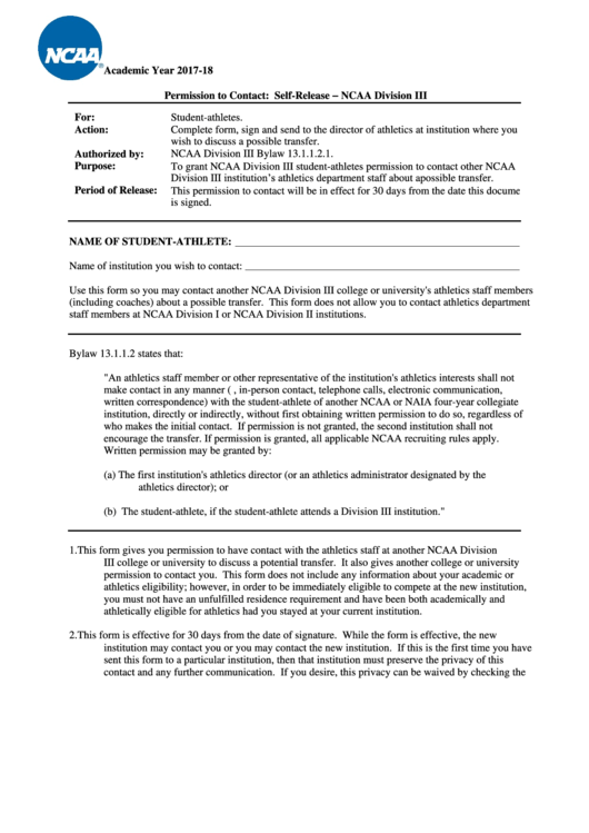 Permission To Contact Form (self-release - Ncaa Division Iii) - 2017-1018