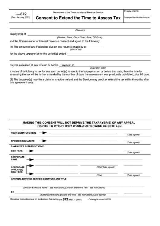 Fillable Form 872 - Consent To Extend The Time To Assess Tax printable ...