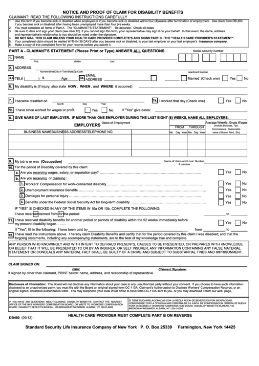 Form Db450 - Notice And Proof Of Claim For Disability Benefits Printable pdf