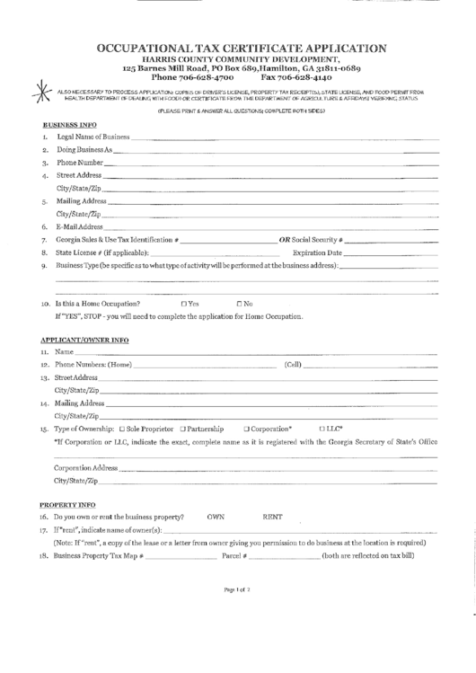 Occupational Tax Certificate Application - Harris County Printable pdf