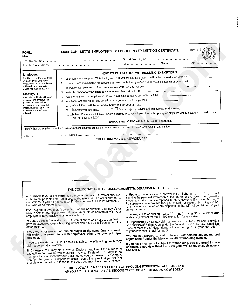 Form M-4 - Massachusetts Employee