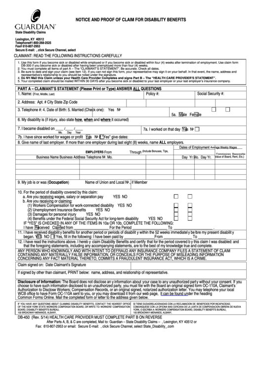 Form Db-450 - Notice And Proof Of Claim For Disability Benefits Printable pdf