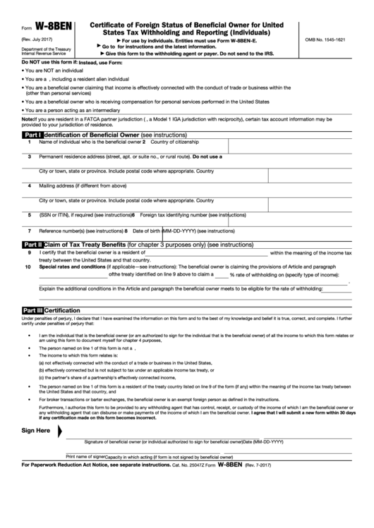 Fillable Form W-8ben - Certificate Of Foreign Status Of Beneficial Owner For United States Tax Withholding And Reporting (Individuals) - 2017 Printable pdf