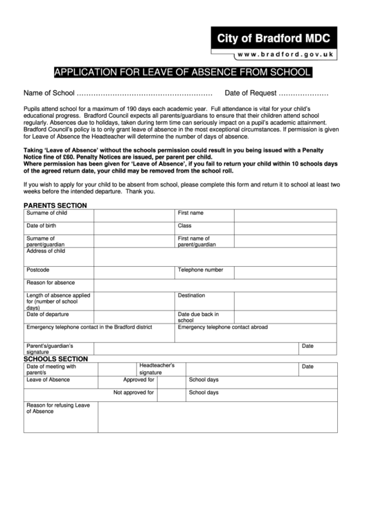 Application For Leave Of Absence From School - City Of Bradford Printable pdf
