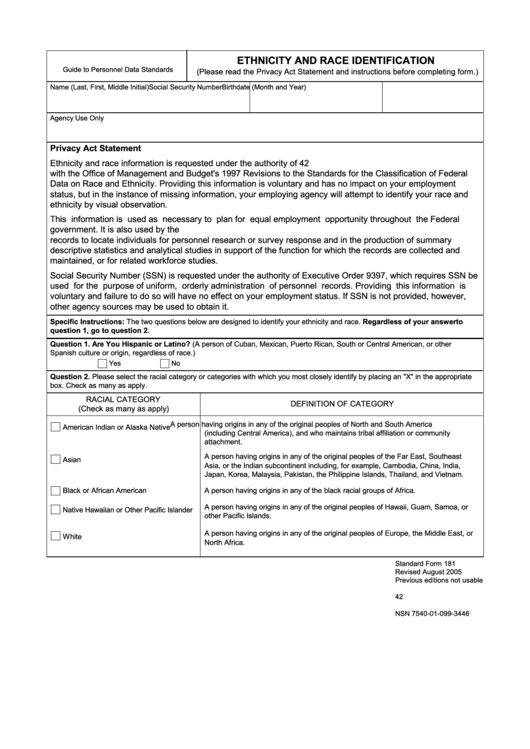 Fillable Standard Form 181 - Ethnicity And Race Identification Printable pdf