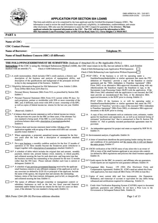 Sba Form 1244 - Application For Section 504 Loans