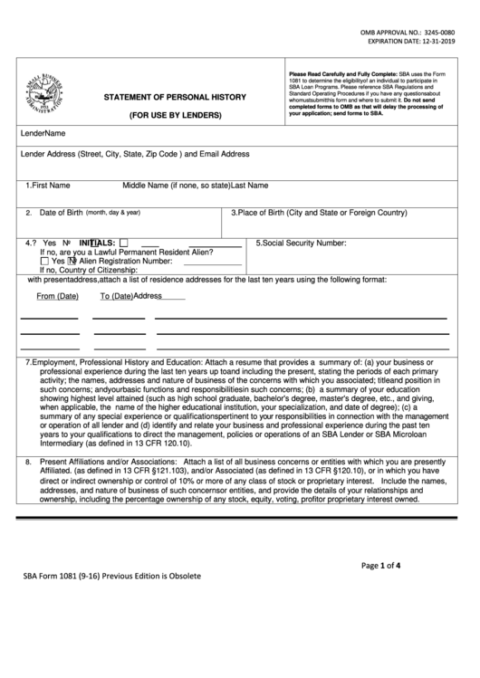 Fillable Sba Form 1081 - Statement Of Personal History (For Use By Lenders) Printable pdf