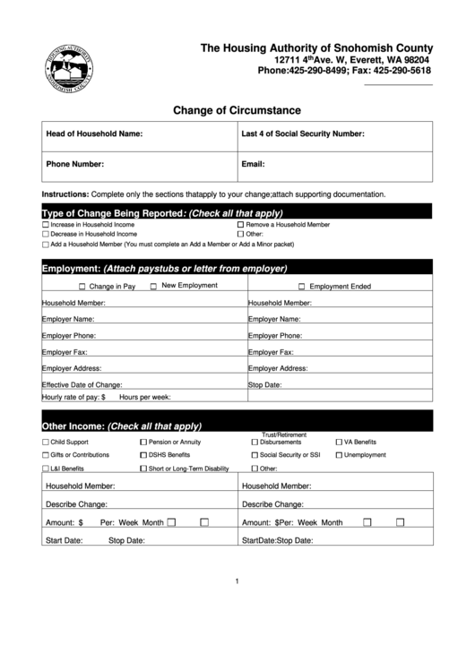 Fillable Change Of Circumstance - The Housing Authority Of Snohomish County Printable pdf