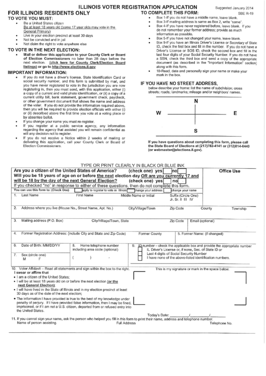 Form Sbe R-19 - Illinois Voter Registration Application Printable pdf
