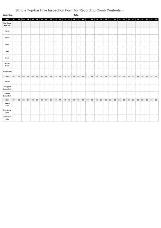 Simple Top-Bar Hive Inspection Form For Recording Comb Contents Printable pdf