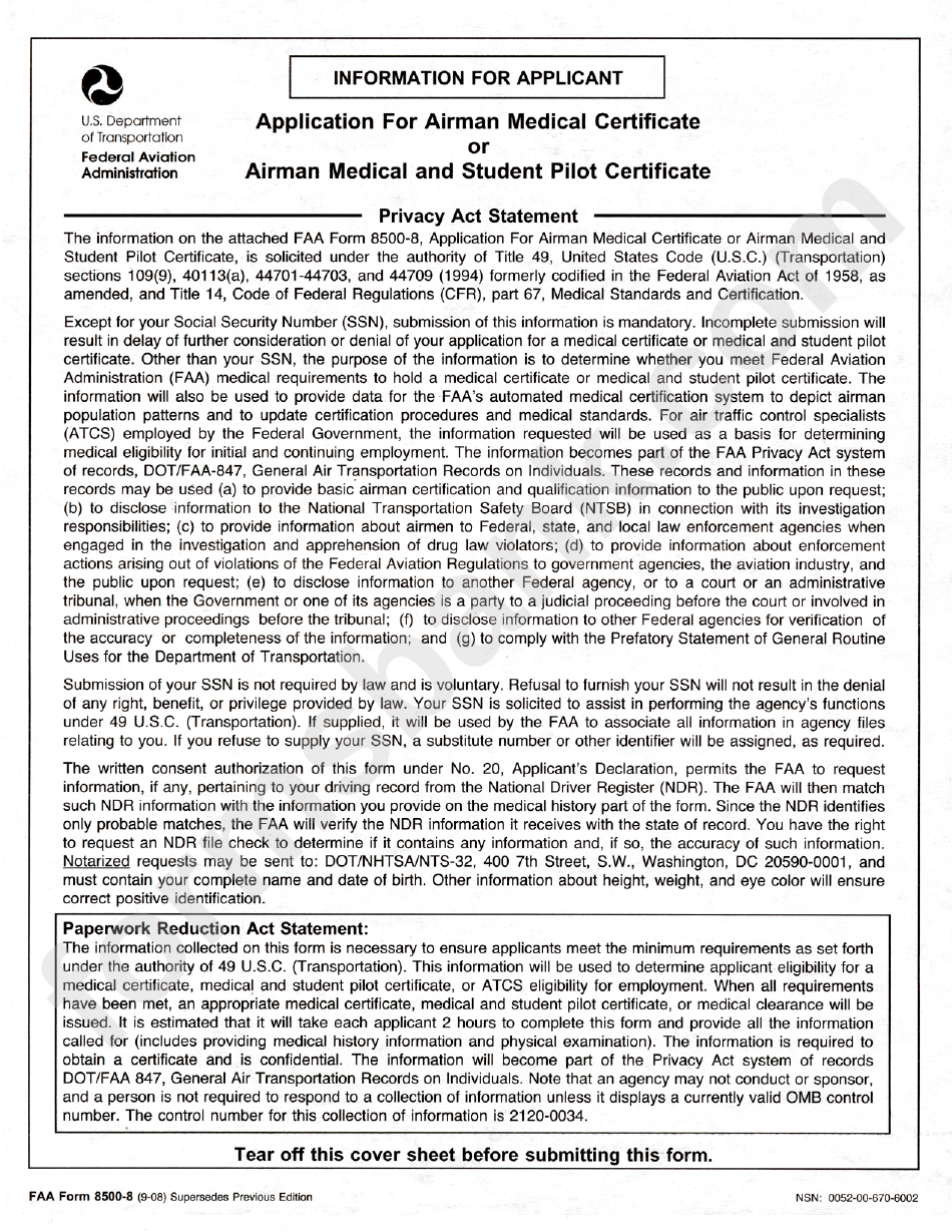 Faa Form 8500-08 - Application For Airman Medical Certificate Or Airman Medical And Student Pilot Certificate