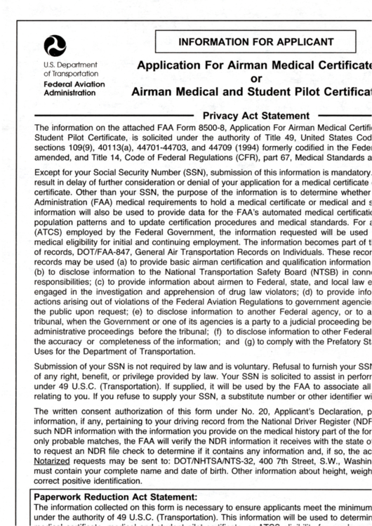 Faa Form 8500-08 - Application For Airman Medical Certificate Or Airman Medical And Student Pilot Certificate Printable pdf
