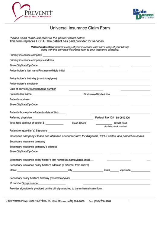 Fillable Universal Insurance Claim Form Printable pdf