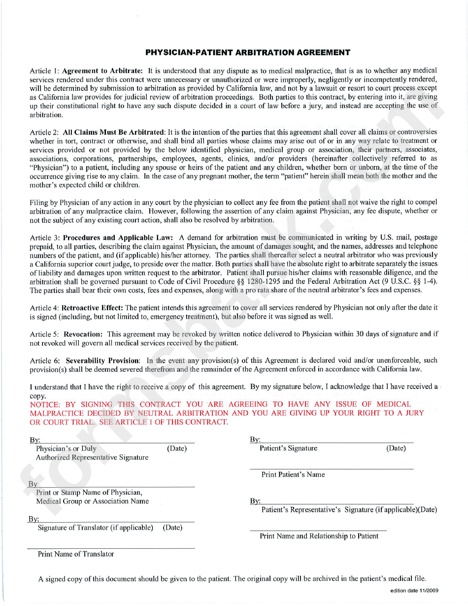 California Physician-Patient Arbitration Agreement Form