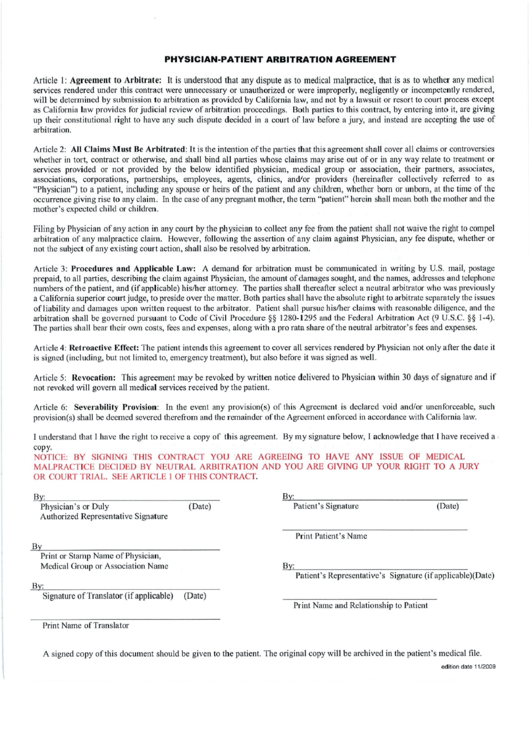 California Physician-Patient Arbitration Agreement Form Printable pdf