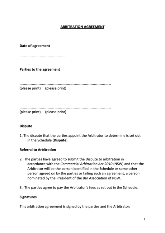 New South Wales Arbitration Agreement Form Printable pdf